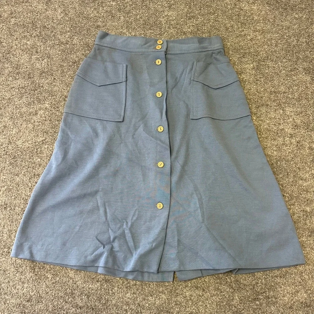 Vintage Skirt Womens Size 28 Blue A-Line Button Front Utility Pocket Midi 70s